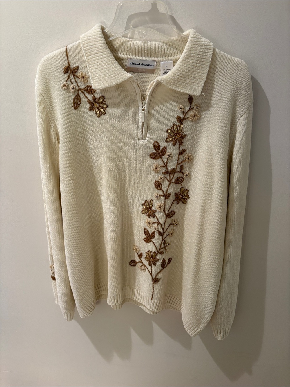 Alfred Dunner Cream Collared Zip-Neck Sweater with Brown Floral Embroidery